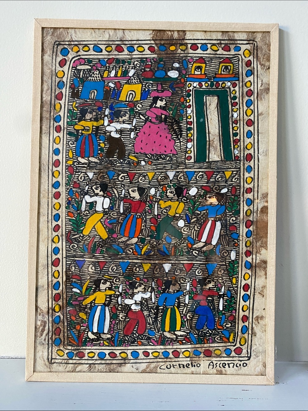 Hand-Painted Folk Art Wall Panel in Multicolor